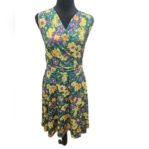 NWT Tam Ware Pleated Waist V Neck Sleeveless Floral Skater Dress Large